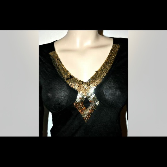 V2K Black Crinkled Gold Sequin Diamond Patch 3/4 Sleeved Cleavage Top Glam 2000 - Picture 4 of 6
